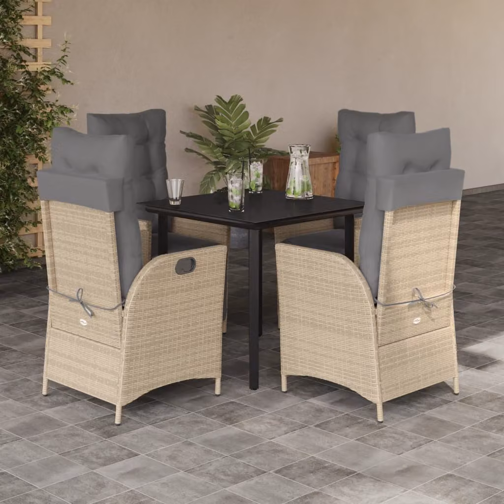 Set da Pranzo da Giardino vidaXL in Polyrattan con Cuscini Beige e Tavolo in Vetro per 5 Persone – 1