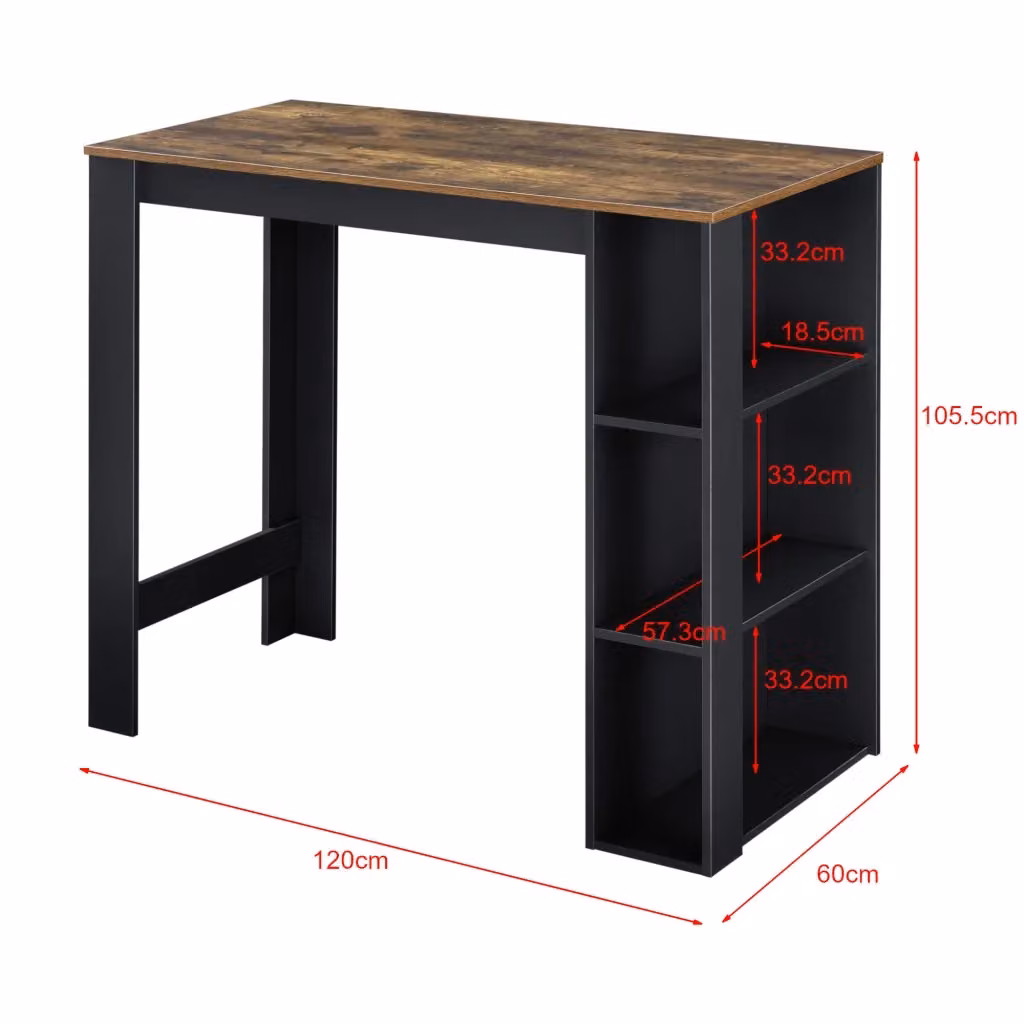 Tavolo alto da bar Danderyd en.casa con 3 ripiani laterali, Nero e Effetto Rovere Scuro, L: 120 cm, P: 60 cm, H: 106 cm – 2