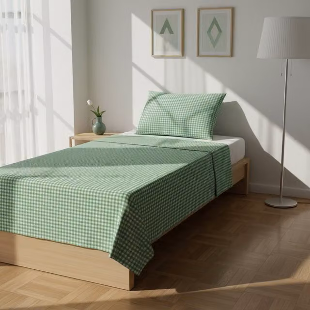 Parure letto singolo Young Kasanova verde a quadretti in cotone con lenzuolo piano e federa 90x190 cm