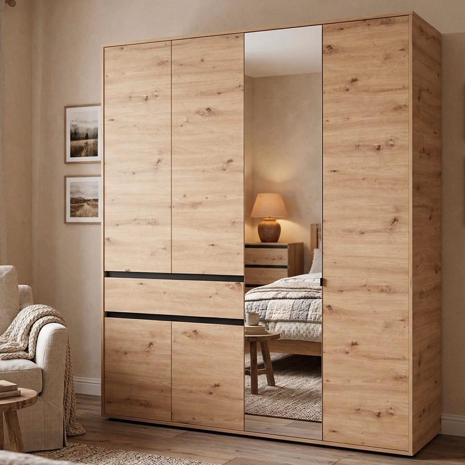 Dmora Guardaroba Grande Rifreddo 183x211h cm Marrone Rovere Nodi, 4 Ripiani un Cassetto