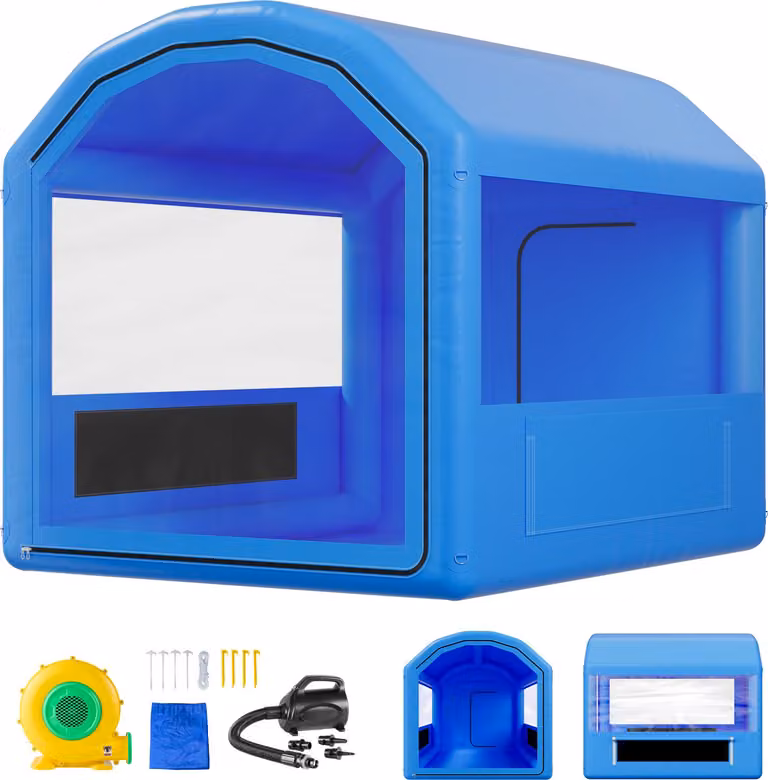 SucceBuy Cabina di verniciatura gonfiabile 3 x 2,5 x 2,5 m, tenda con soffiante da 550 W e sistema di filtraggio dell'aria, tetto rotondo, materiale PVC, adatta per la verniciatura a spruzzo di parti metalliche in blu