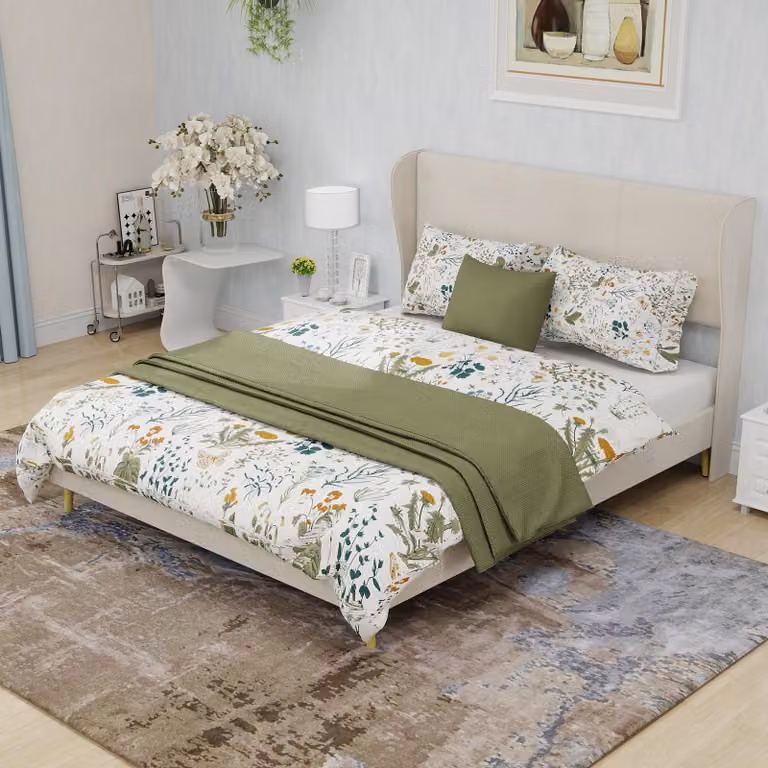 MODFU letto imbottito 140x200 struttura letto multifunzionale con base bassa e testata, letto matrimoniale con testata morbida, senza materasso, beige