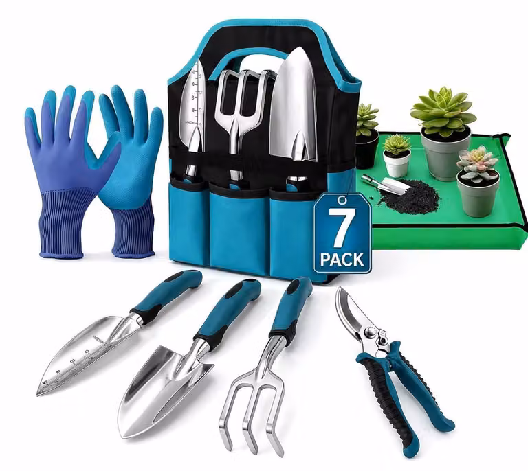 Set di 7 utensili da giardino con manici ergonomici e custodia per il trasporto