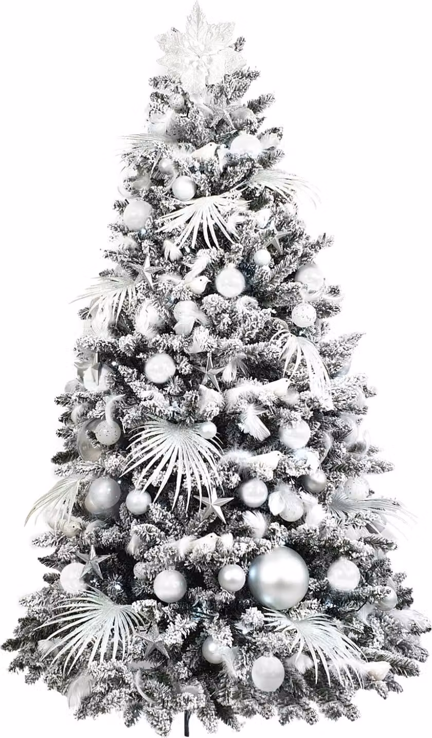 Albero di Natale artificiale decorato con 109 ornamenti BIANCO POLARE 150 cm con supporto e ornamenti natalizi