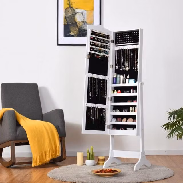 Armadietto Portagioie da Terra con Specchio a Figura Intera e Serratura Inclinabile in 4 Angolazioni in MDF Bianco 161cm