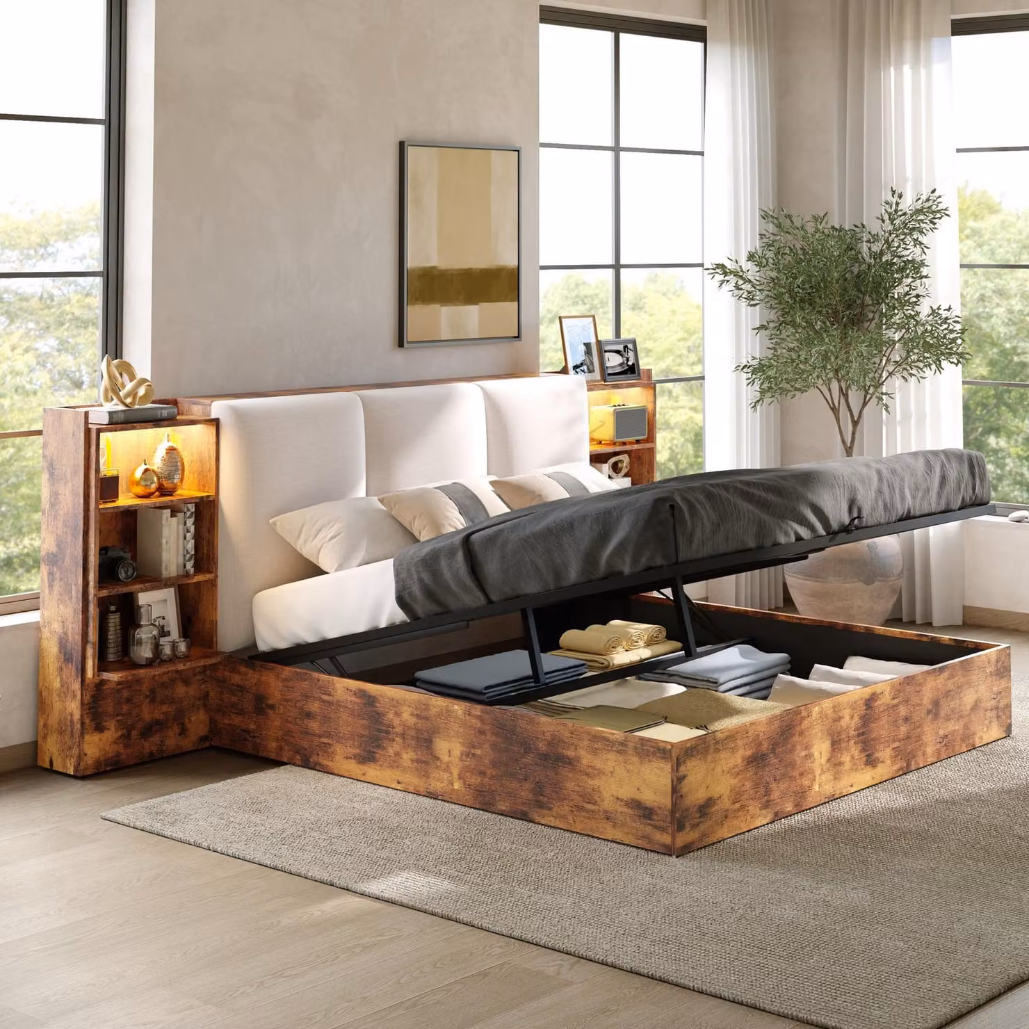 Letto a piattaforma 180 x 200 cm con testiera imbottita, 6 vani contenitori, spazio contenitore a sollevamento idraulico e barra luminosa LED, struttura del letto, letto singolo, colore marrone