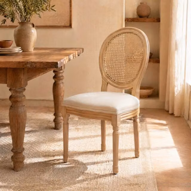 Set di 2 sedie da sala da pranzo OKWISH con schienale in rattan, struttura in legno massello e rivestimento in lino beige – 1