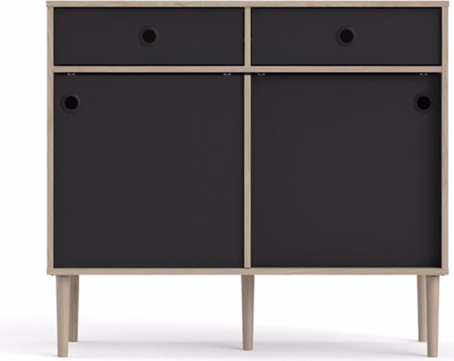 Credenza Penny con 2 ante scorrevoli e 2 cassetti, decoro Hickory e nero opaco.
