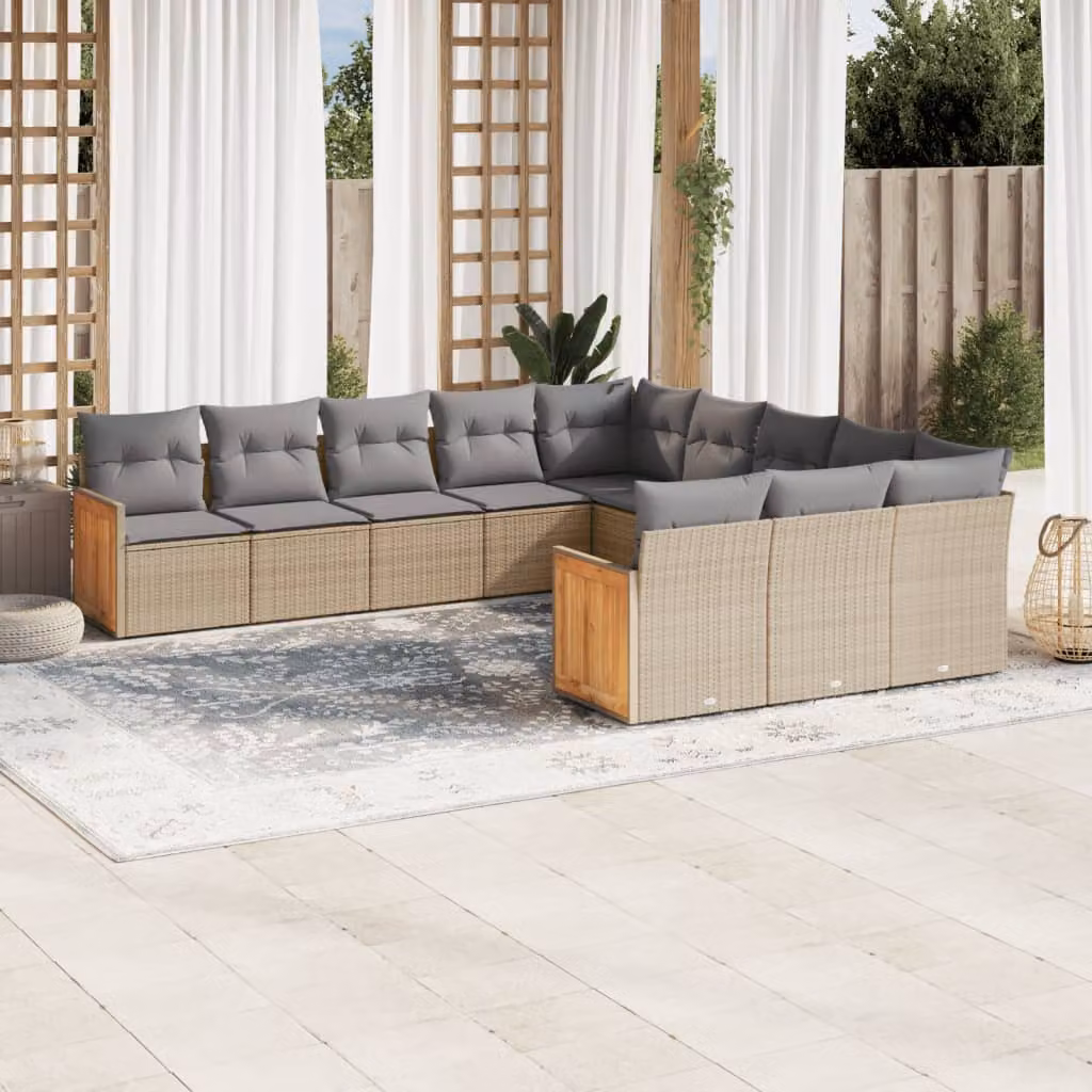 vidaXL Set Divani da Giardino a L 11 pz in Polyrattan e Legno di Acacia con Cuscini Beige e Grigio