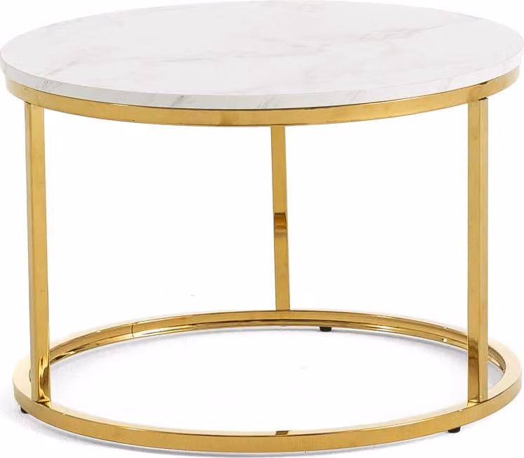Tavolino rotondo Ø60 cm con struttura in metallo cromato e piano in melamina effetto marmo bianco, tavolino moderno per soggiorno, zona giorno, ingresso e camera da letto – OLEK