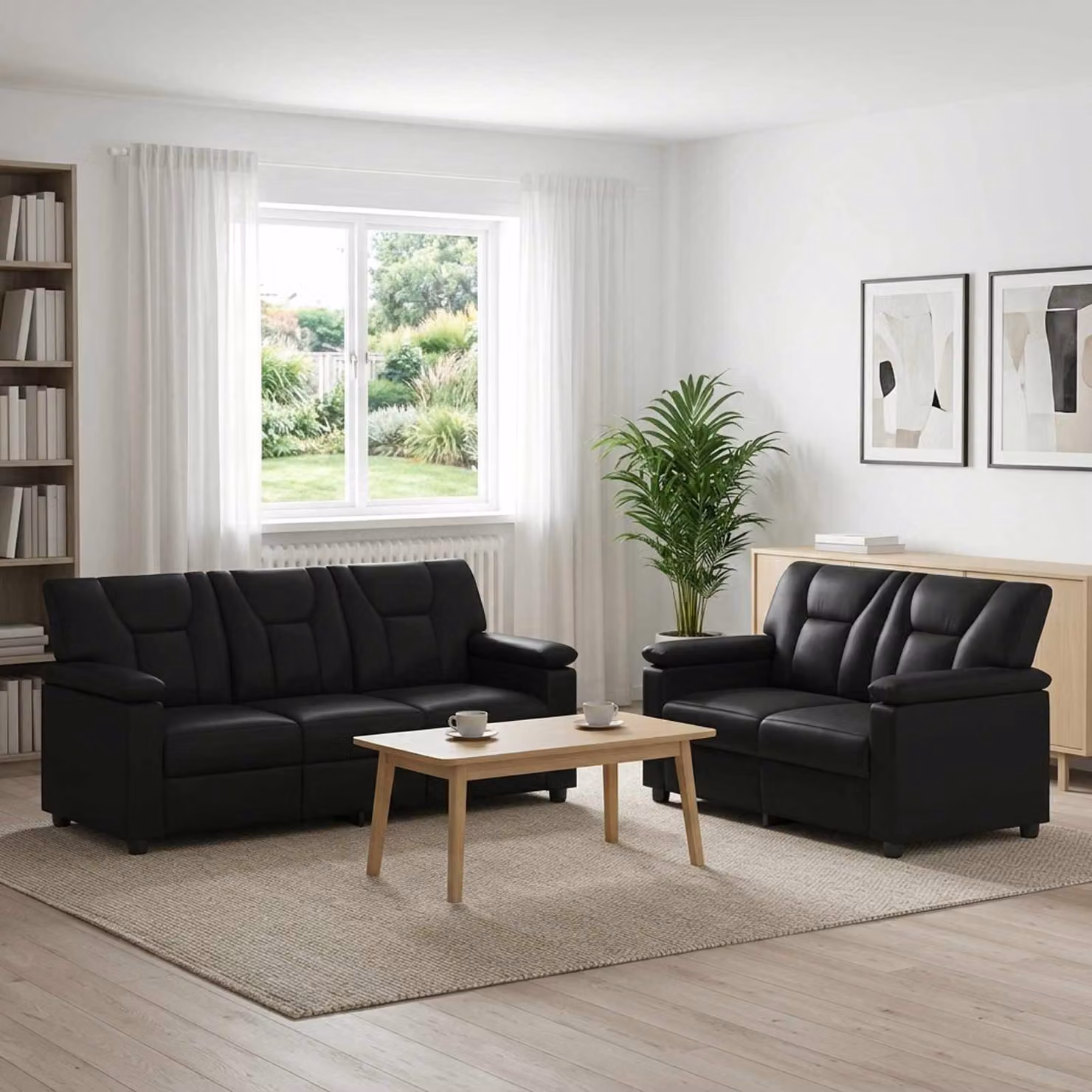 Set di 2 divani moderni vidaXL in similpelle nera con struttura in metallo e coperture rimovibili