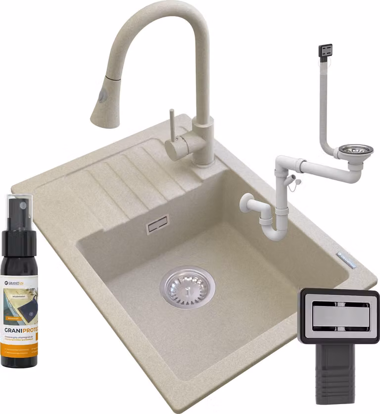 Granitan - Lavello in granito - Lavello da cucina - 62x44x18 cm - Beige - con rubinetto SNAKE, sifone e trattamento impermeabilizzante