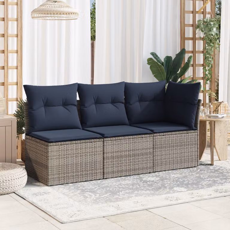 vidaXL Divano da Giardino Moderno a 3 Posti in Polyrattan con Cuscini Blu e Grigio e Struttura in Metallo