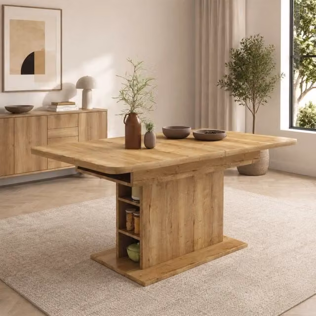 Tavolo da pranzo allungabile in ferro, colore naturale, 110/130x70x75 cm, rettangolare con vano portaoggetti, multifunzione salvaspazio per sala da pranzo e tempo libero