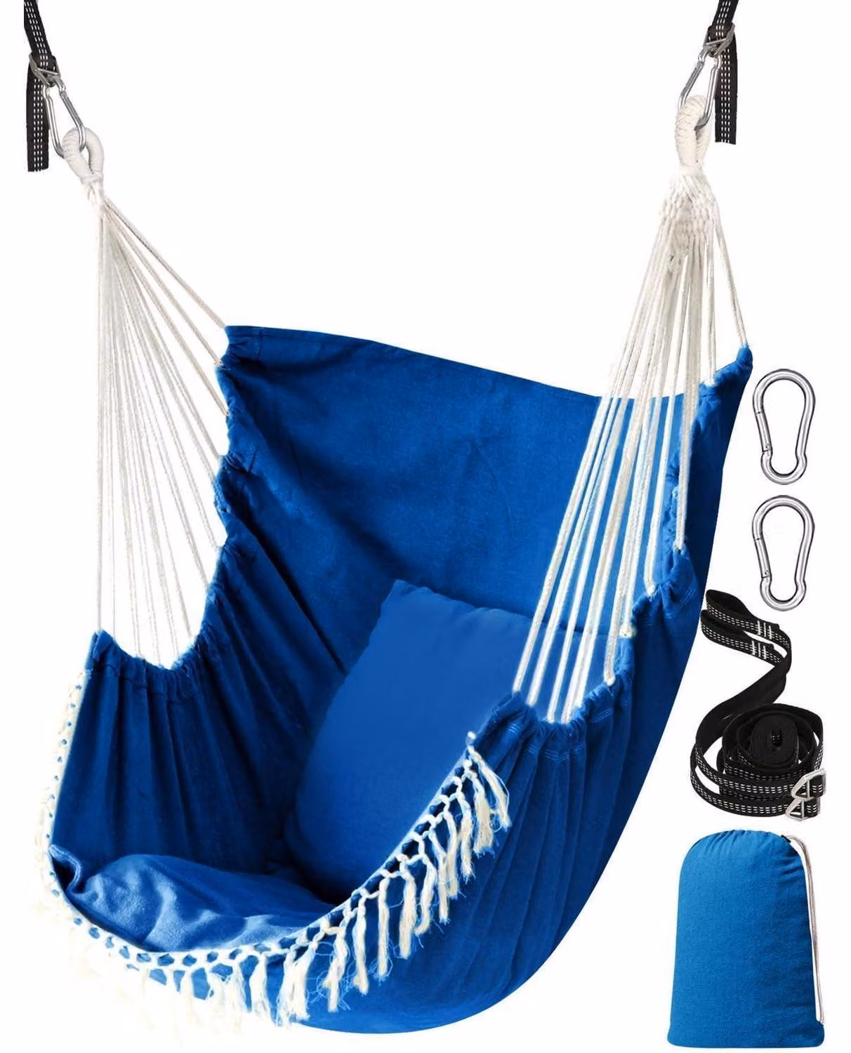 Sedia a dondolo blu reale con 2 cuscini, tasca laterale, frange, in cotone, per interni ed esterni