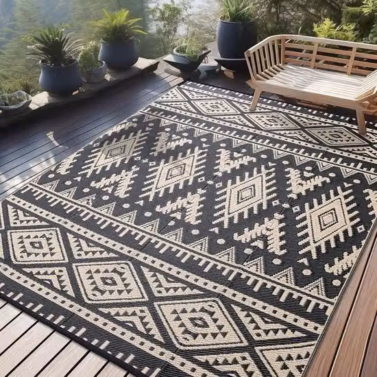 Tappeto da Esterno Resistente all'Uso Esterno, Pelo di Plastica Pieghevole Lavabile Resistente ai Raggi UV Invertibile Matrimonio per Balcone Giardino per Terrazza Campeggio Picnic (240 x 300 cm, Nero & Beige)
