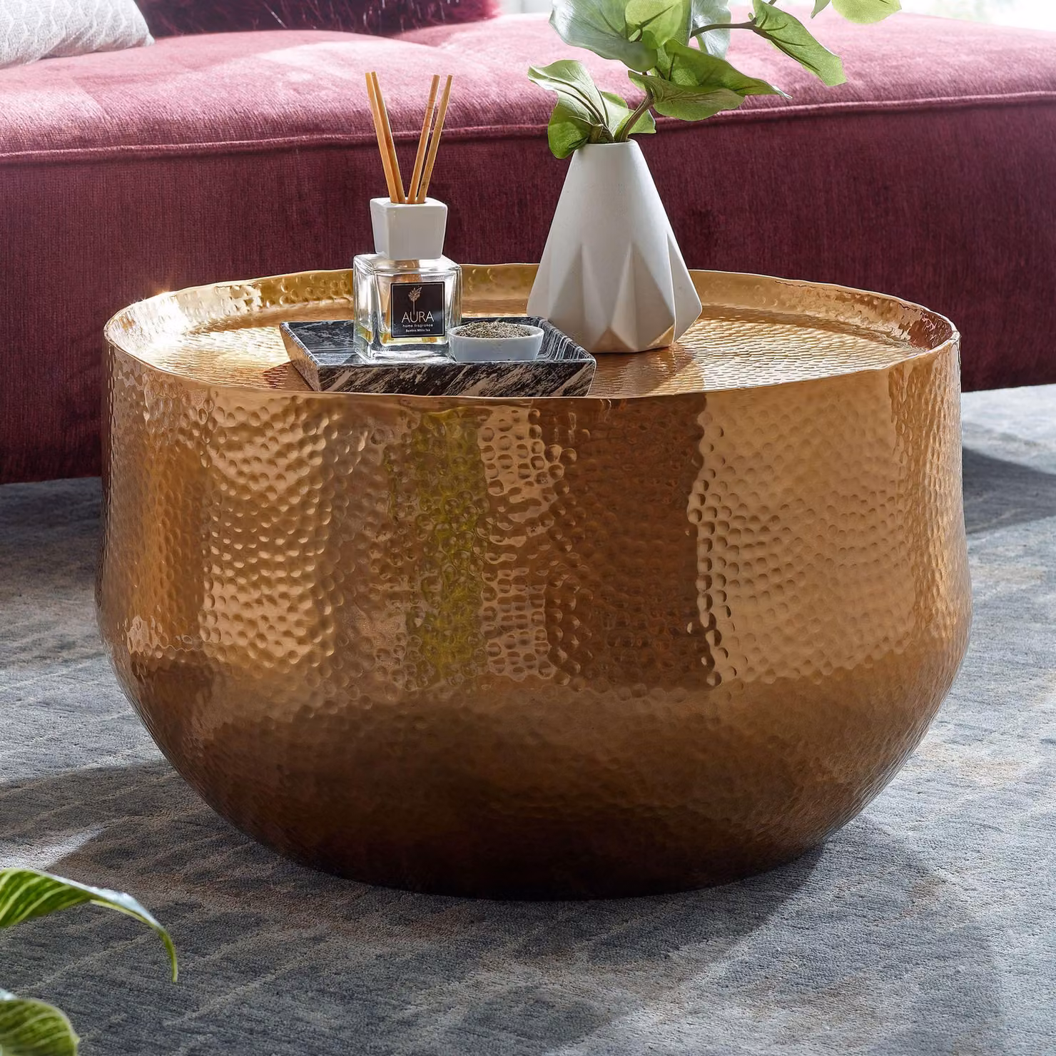 FineBuy tavolino in alluminio 60x60x35 cm tavolo da salotto colpo di martello | Design tavolino rotondo alluminio orientale | Ma