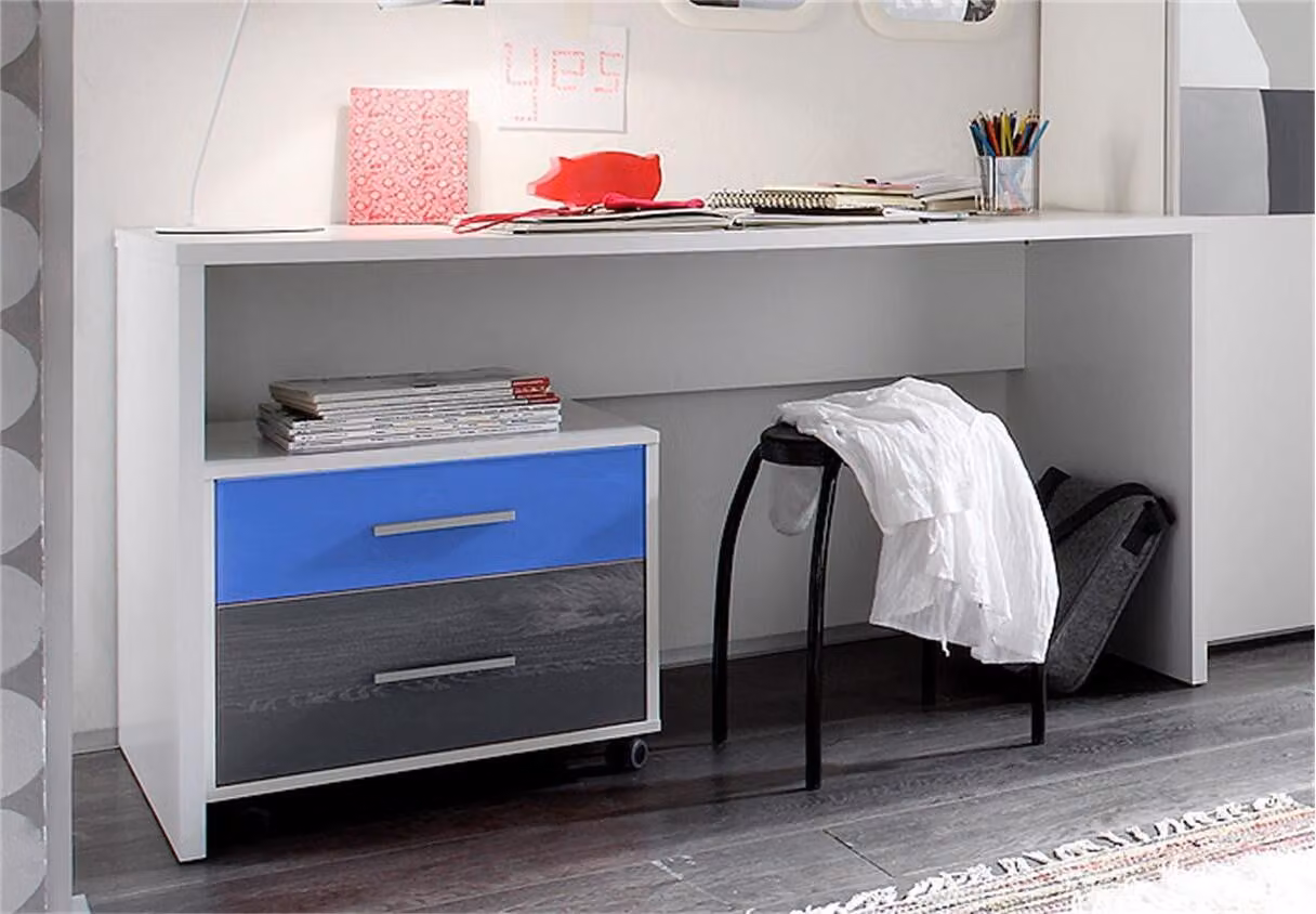 Scrivania COLORI bianca con contenitore su ruote blu grigio