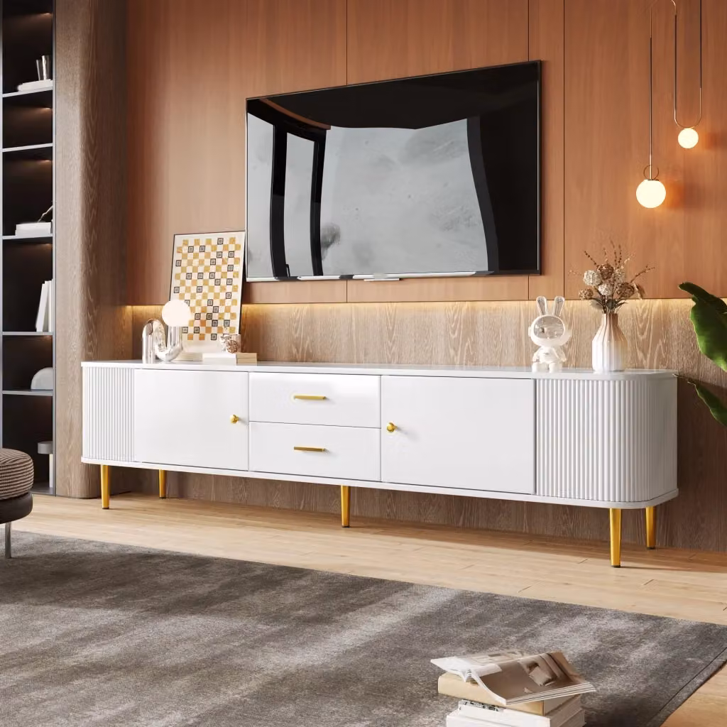 Mobile TV KOMHTOM bianco e oro in MDF per soggiorno, L: 170 cm, P: 34 cm, H: 45 cm – 2