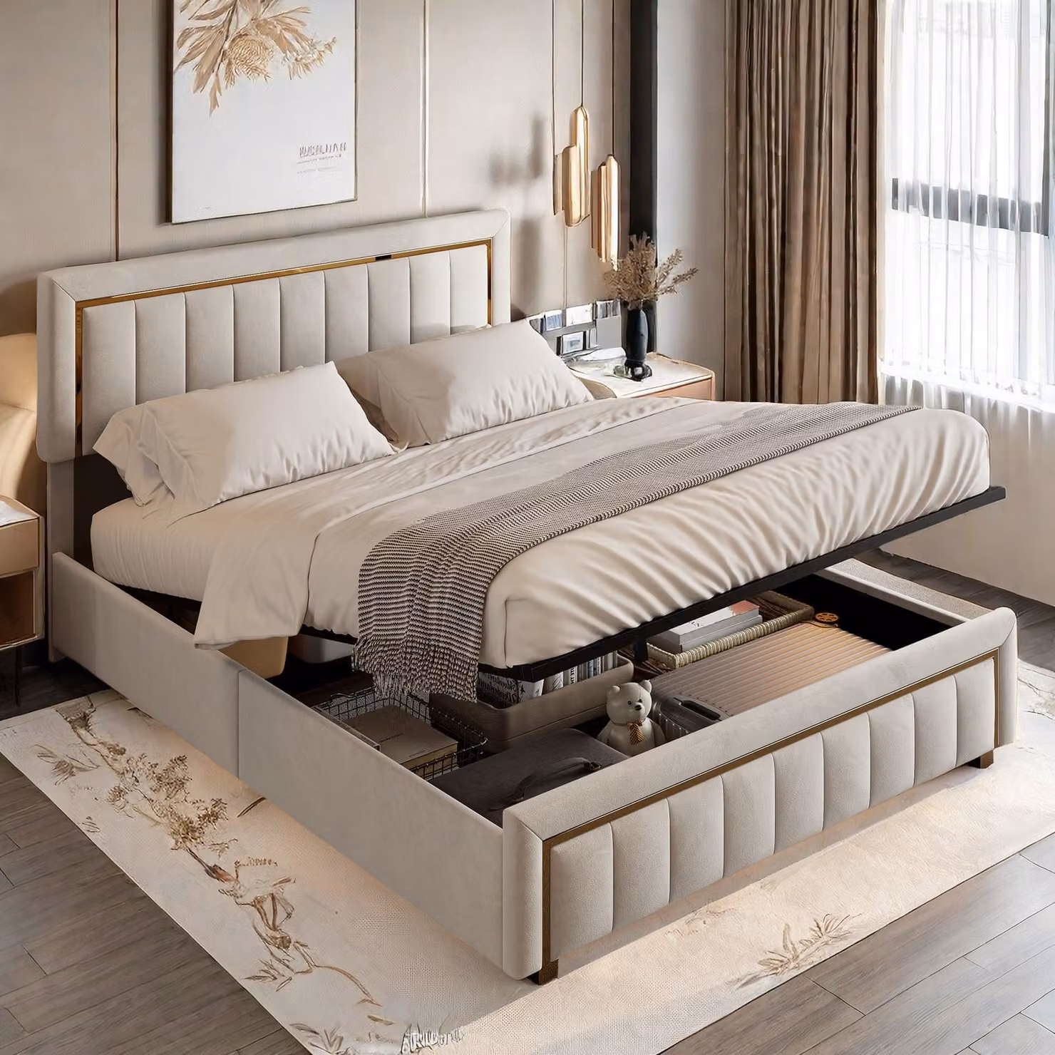 Letto imbottito ProximaX, letto a molle idrauliche 140x200cm con rete a doghe e contenitore, letto matrimoniale in legno letto per ragazzi in Pelle finta, beige