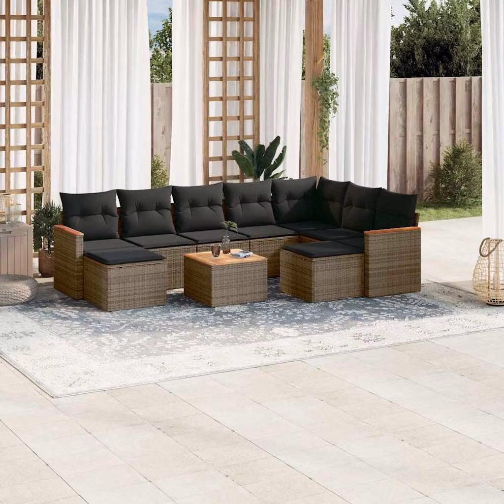vidaXL Set Divano da Giardino 10 pz in Polyrattan Grigio con Cuscini e Tavolino da Caffè
