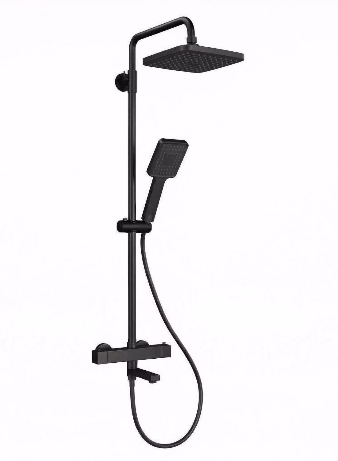Kit completo per sistema doccia con termostato, dotato di pulsante di sicurezza a 38°C, design quadrato, colore nero, con scarico per vasca da bagno