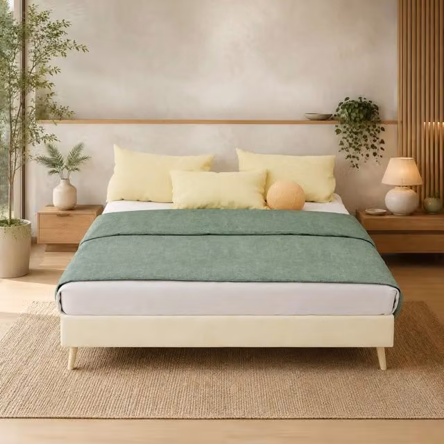 Letto matrimoniale ULEVR 140x200 cm in velluto olandese beige con testiera alta, doghe in legno e spazio sottoletto