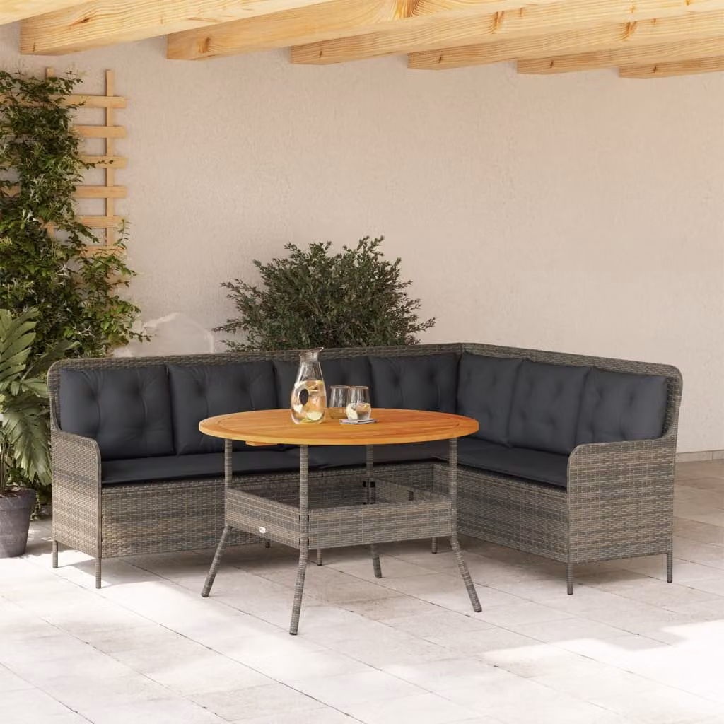 Set Divano da Giardino a L vidaXL in Polyrattan con Cuscini e Tavolino da Esterno Grigio e Marrone – 1