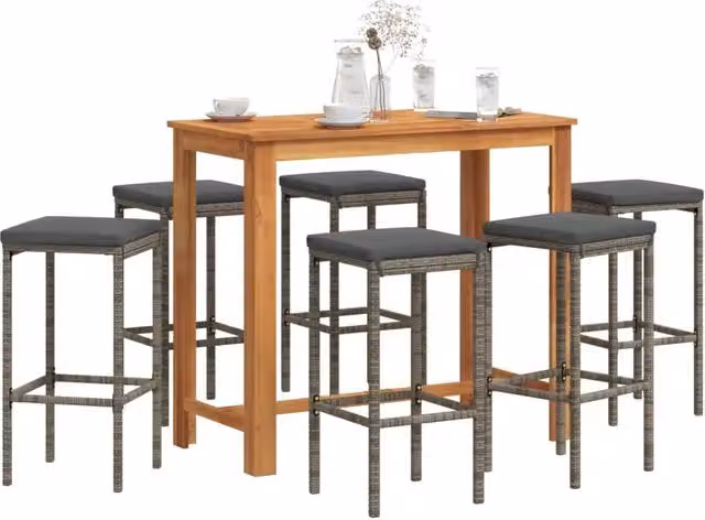 Set Bar da Giardino 7 pz Grigio in Legno Acacia e Polyrattan 3295287