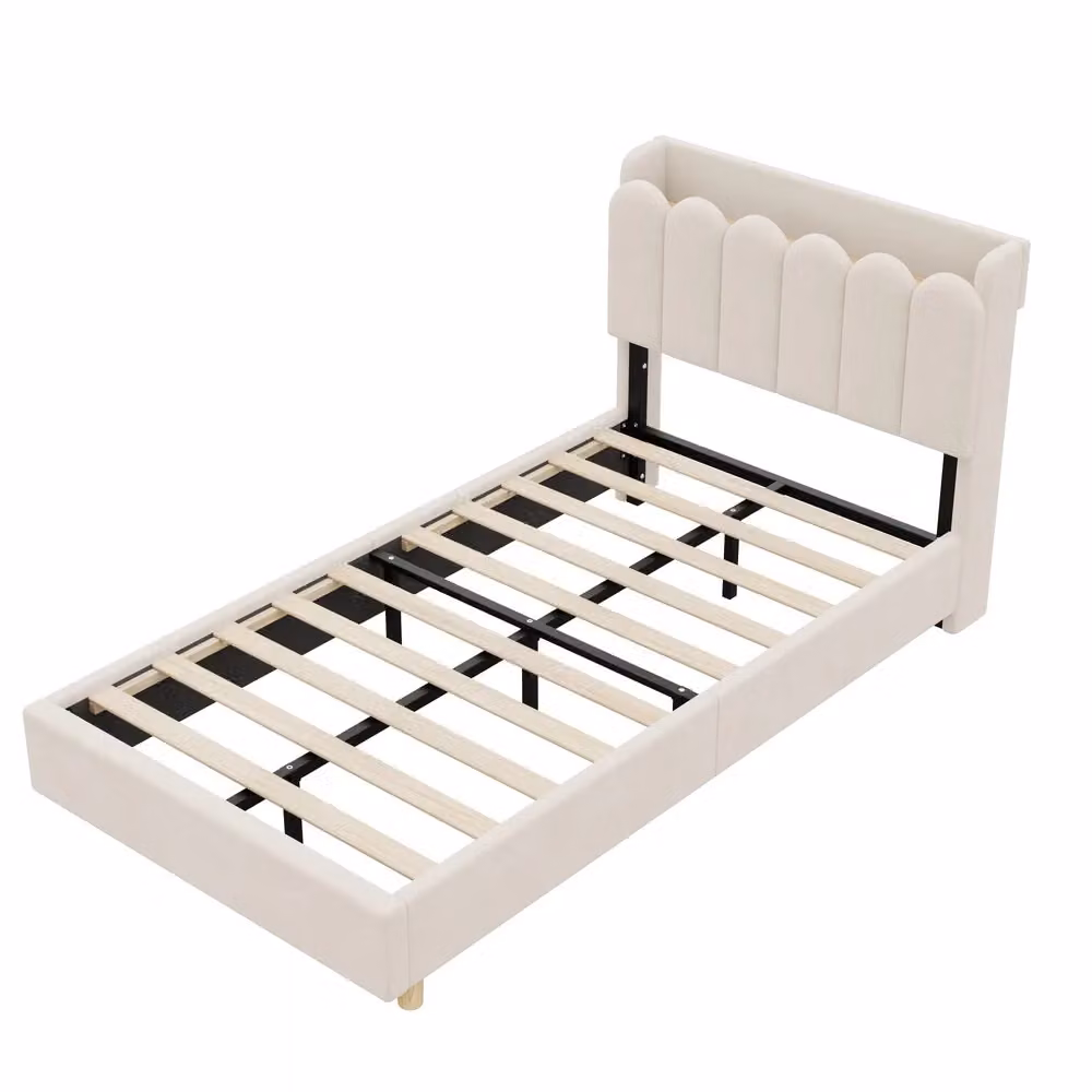 Letto singolo imbottito Minimal in velluto beige con rete a doghe, porta USB-C, lampada di lettura e scomparti laterali, L/P/H: 90 x 200 x 136 cm – 2