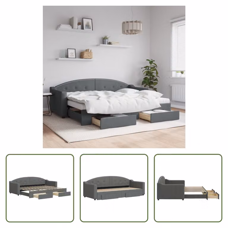 The Living Store Letto da giorno allungabile con cassetti grigio scuro 80x200 cm tessuto