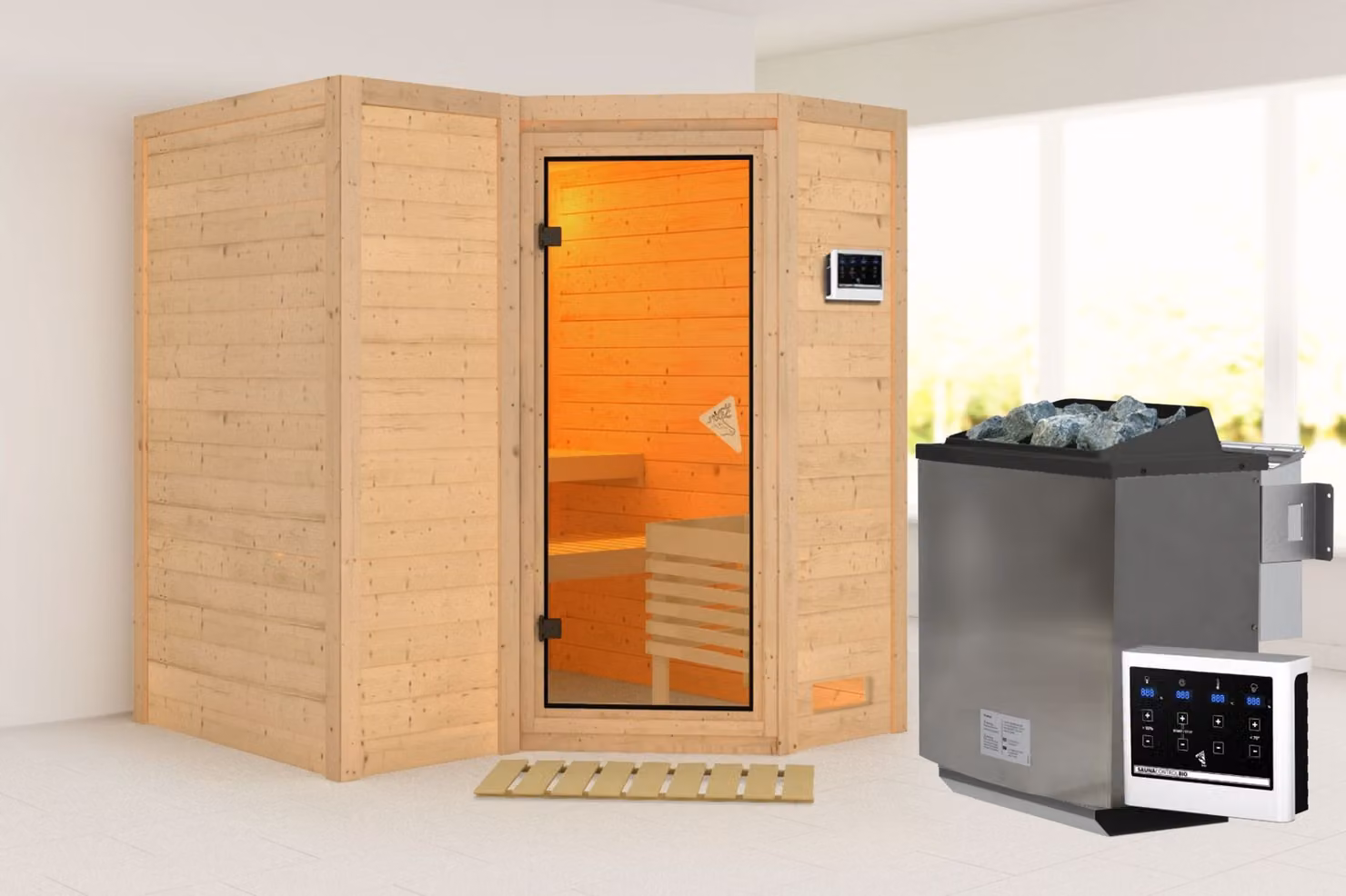 Sauna Sahib 1: senza luminosa sul tetto: stufa a bioetanolo da 9 kW + centralina Easy Porta: interamente in vetro bronzato. luminosa: assente. Stufa per sauna: stufa a bioetanolo da 9 kW + centralina Easy Porta della sauna: interamente in vetro bronzato