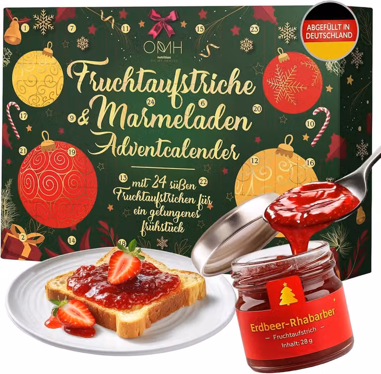 Calendario dell'Avvento 2025: marmellata - 24 vasetti da 28 g. Calendario per la colazione - 24 deliziose marmellate prodotte da una rinomata azienda tedesca