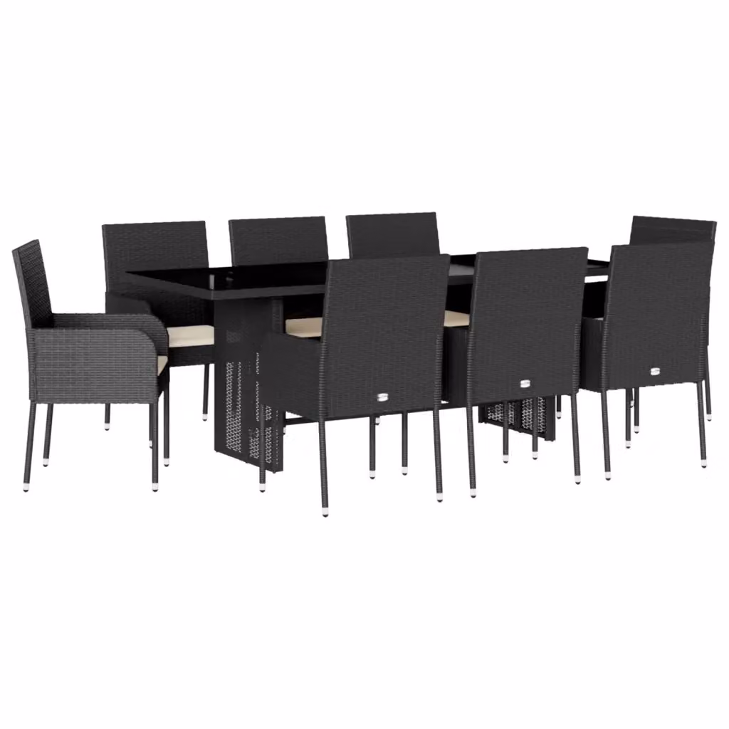 Set da pranzo da giardino vidaXL in polyrattan nero con cuscini e piano in vetro, 9 pezzi – 2
