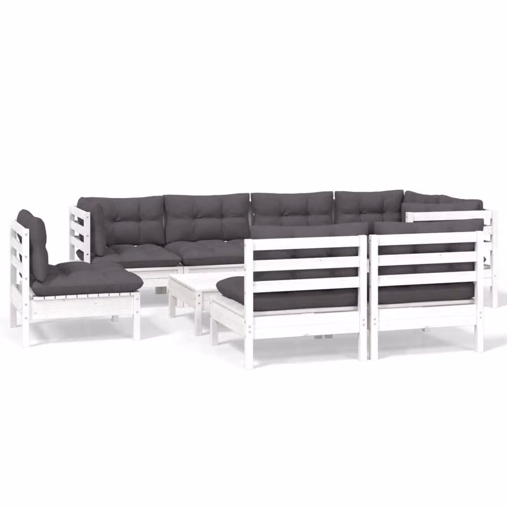 Set Divani da Giardino 9 pz con Cuscini Bianchi Legno di Pino