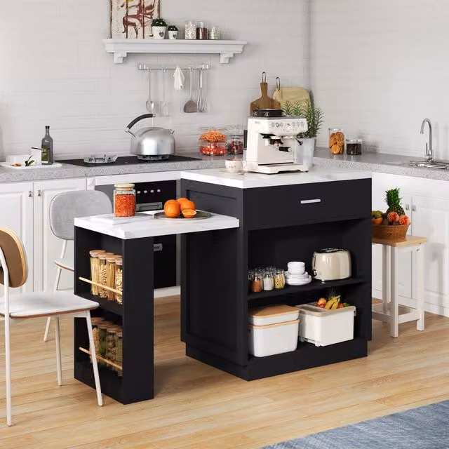 Isola cucina con tavolo da pranzo estraibile, MDF nero effetto marmo, 211 x 55 x 89,5 cm