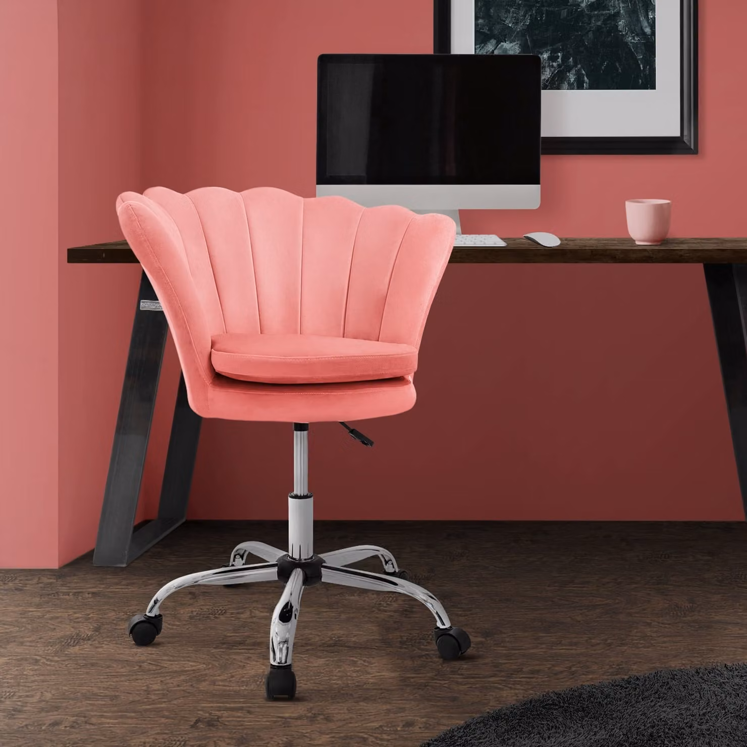 ML-Design sedia da ufficio 360° velluto rosa sedia da trucco con schienale a conchiglia, sedia girevole con rotelle, sedia da scrivania regolabile in altezza sgabello girevole