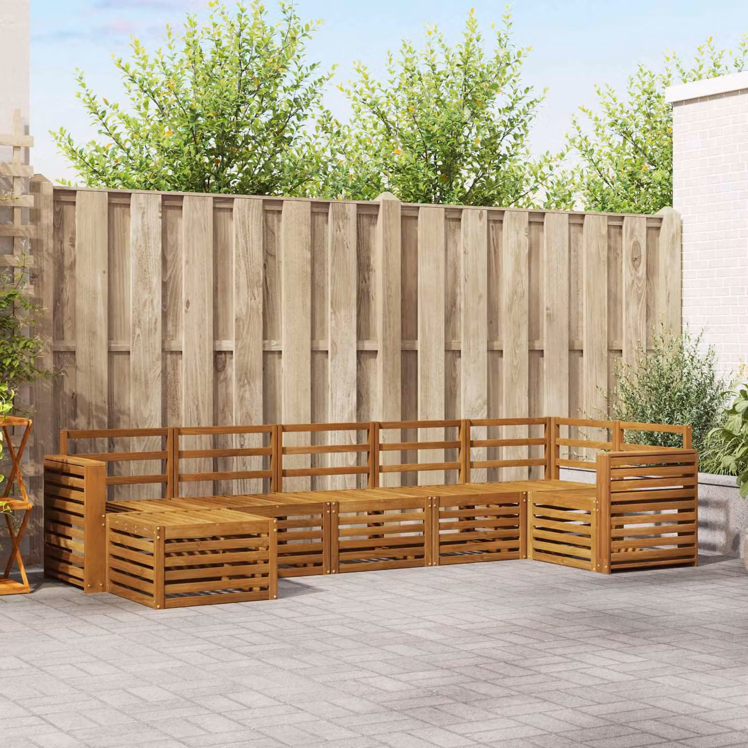 Set di divani da esterno vidaXL 7 pz in legno di acacia marrone con cuscini inclusi e design a L per giardino e terrazza