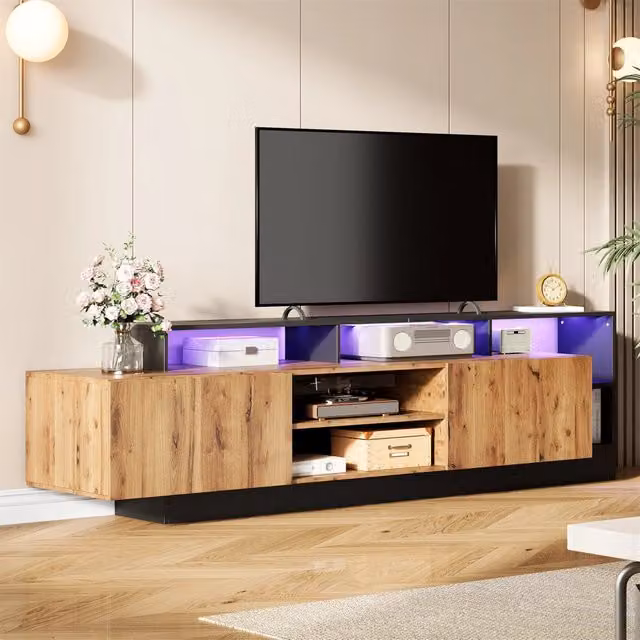 Mobile TV con LED e due ante a ribalta vani aperti in truciolare rovere e nero per TV fino a 70 pollici 190 × 40 × 48;5 cm