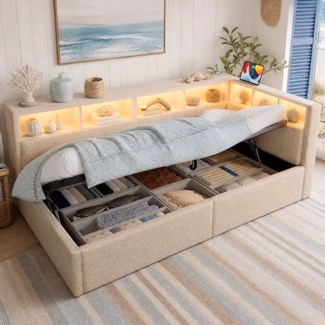 Letto Daybed REDOM in tessuto beige con vano contenitore a sollevamento, illuminazione LED e porta USB, L/P: 200 x 90 cm