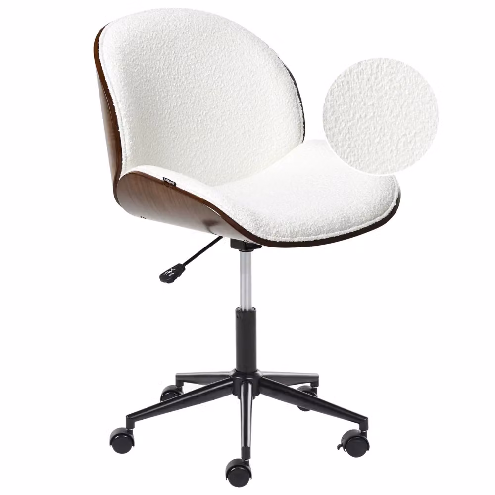 Sedia da ufficio girevole BELIANI in tessuto boucle bianco e legno, design moderno per home office, L/P/H: 52 x 41 x 120 cm – 2