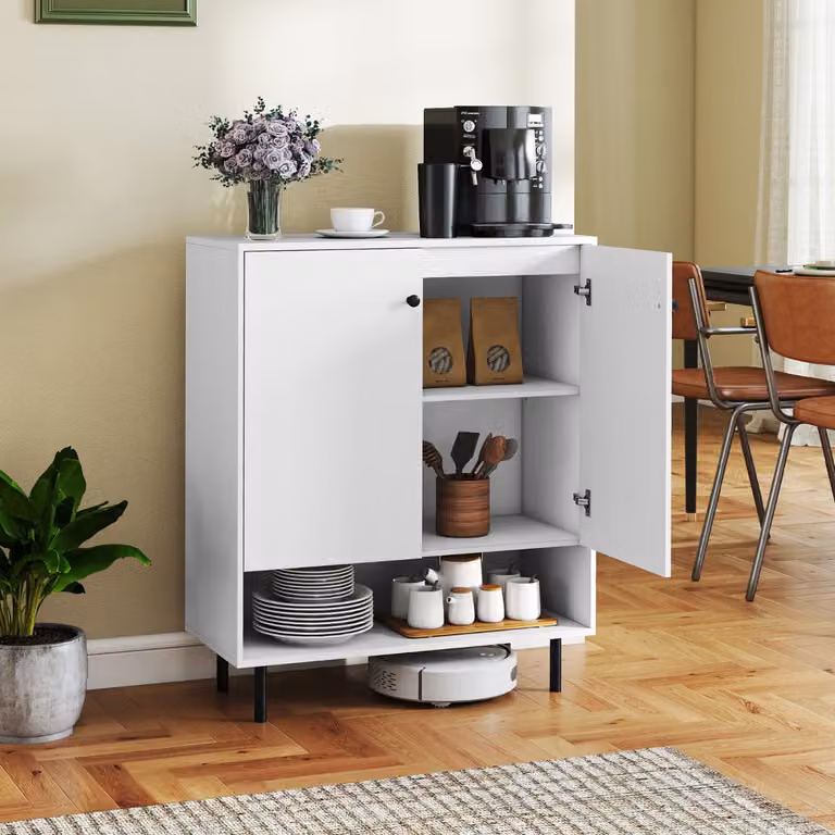 Madia buffet Costway con ripiano regolabile e kit anti-ribaltamento, armadio moderno a 2 ante per cucina, soggiorno e sala da pranzo, Bianco opaco