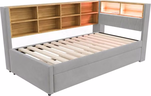 Divano letto multifunzionale 90x200 cm con letto estraibile 90x190 cm, illuminazione LED e prese di ricarica, rivestimento in flanella grigio chiaro