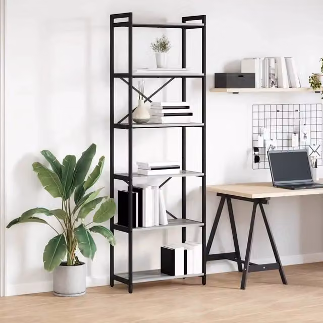 Libreria stile industrial vidaXL in legno e metallo, colore grigio e nero, H 190 x L 60 x P 30 cm