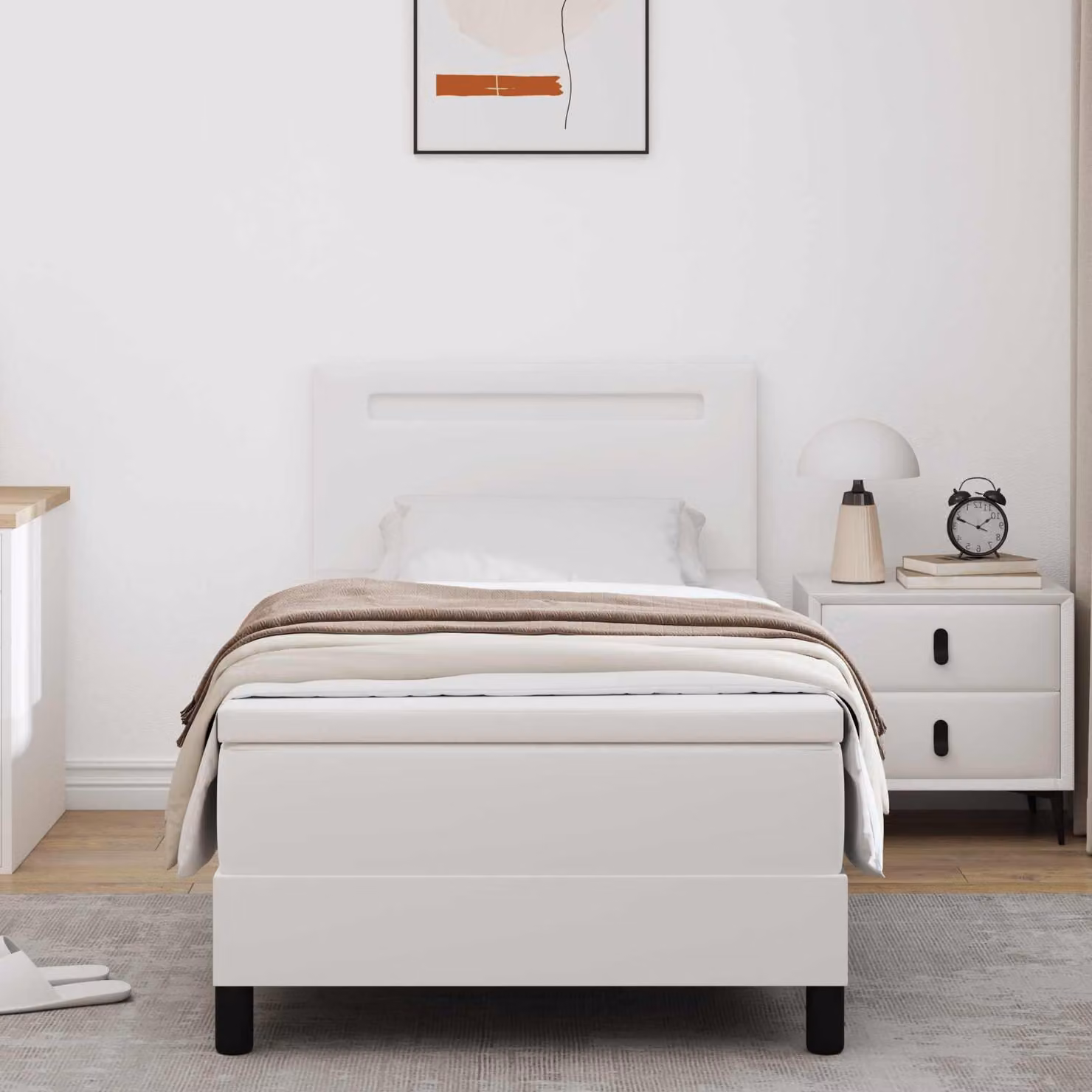 Letto con boxspring e strisce LED, colore bianco, dimensioni 100 x 200 cm, rivestito in ecopelle