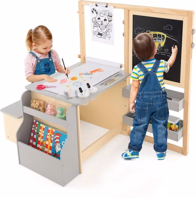 Set tavolo e panca per bambini DESIGN IN in legno con cavalletto regolabile a doppia faccia, Grigio, L: 114 cm, P: 81 cm, H: 100 cm