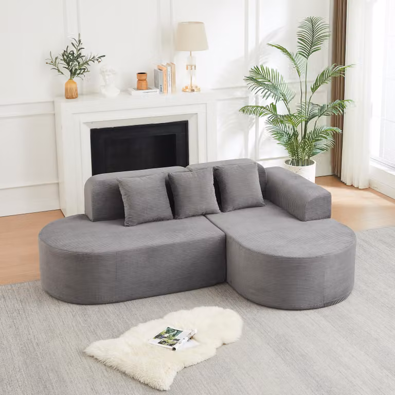 Divano angolare modulare, 220 cm, rivestito in corda, con schienali curvi, 3 cuscini, ideale per soggiorni e zone relax (nero)