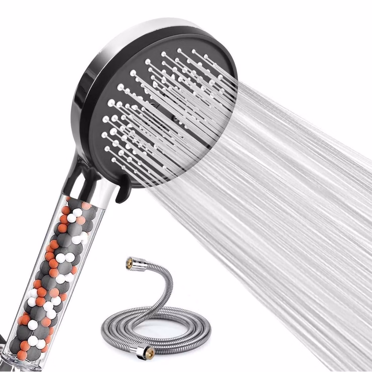 Doccia con filtro, soffione manuale ad alta pressione, tubo da 2 metri, 6 getti, a risparmio idrico, ideale per acque dure