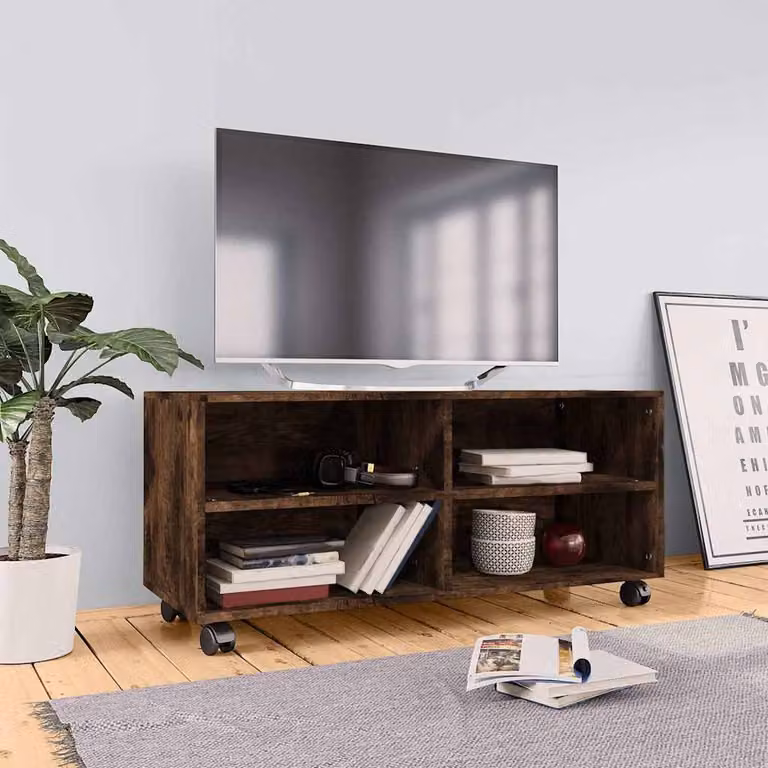 Mobile TV con ruote vidaXL in legno multistrato color rovere fumo, L 90 cm x P 35 cm x H 35 cm