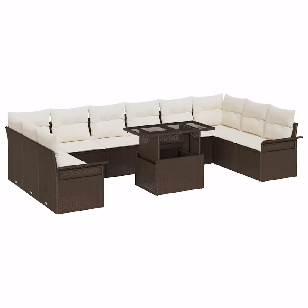 vidaXL Set Divano da Giardino a Forma di U da 11 Pezzi in Rattan Marrone e Bianco con Tavolino e Cuscini – 1